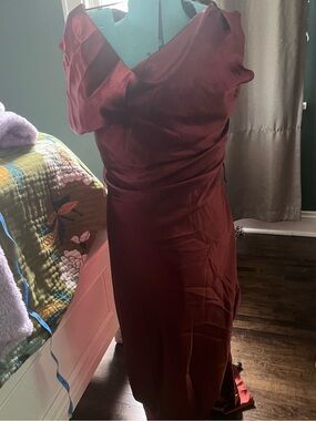 Elegant Satin Burnt orange wiggle with retro inspired off the shoulder draping
